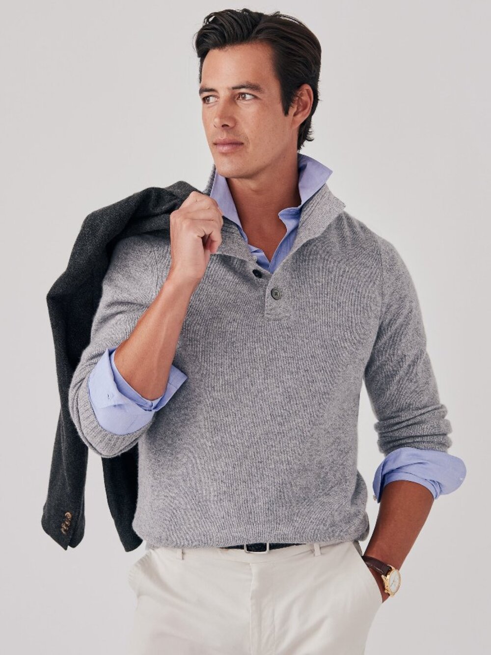 J McLaughlin Mock Neck Cashmere Henley Sweater - Light Heather Gray NEW